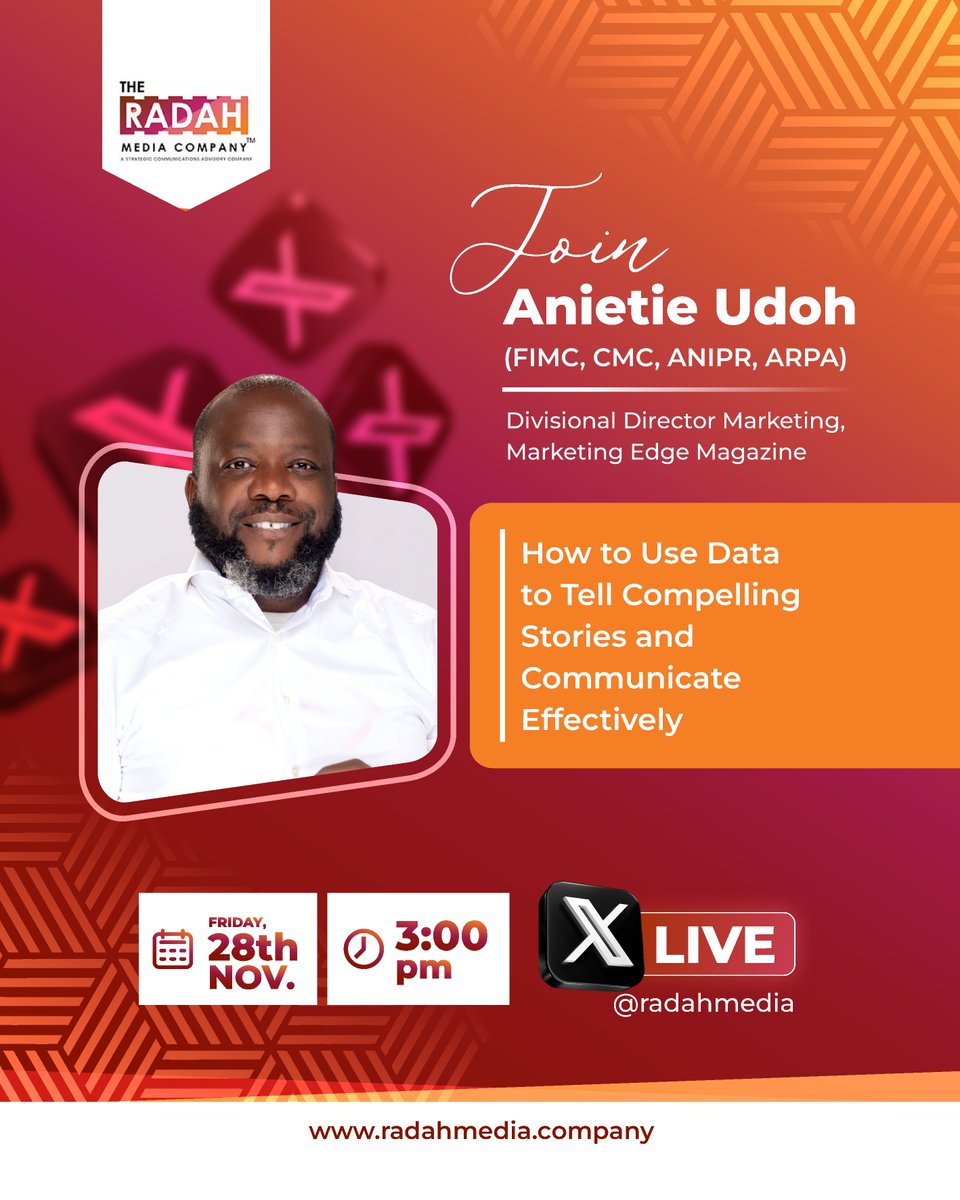 radahmedia's tweet image. Storytelling is central to good communication, and weaving data into your narratives makes them even more memorable. 
Join us for a chat this Friday with Anietie Udoh on how to turn data into stories people actually remember.
#DECODEDLive #DataStorytelling #StrategicCommunication