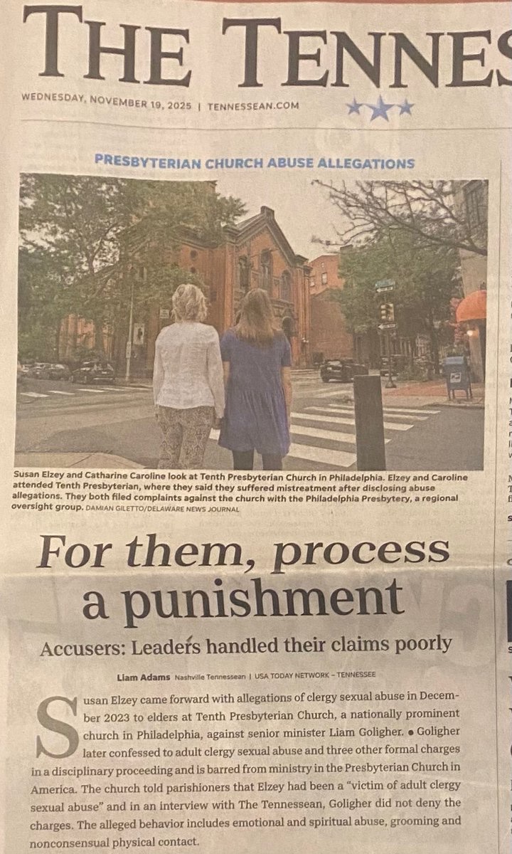 BuzzfeedSource's tweet image. Below is page 1 of a 3-page Tennessean article on clergy sex abuse cases in the Presbyterian Church in America published on Nov 19, 2025.  The Tennessean included a few paragraphs about the Nashville Presbytery and former Covenant Asst Pastor Ian Sears, but the Tennessean did not…