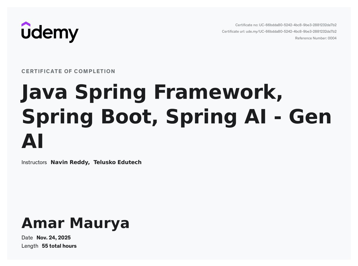 amarDotIn's tweet image. Just completed Java Spring Framework, Spring Boot &amp;amp; Spring AI – Gen AI

Strengthening my backend fundamentals + learning how to integrate GenAI into real Spring applications.

#Java #SpringBoot #SpringAI #Backend #GenAI