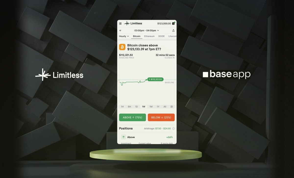 Limitless is now LIVE as a mini app on <a href="/baseapp/">Base App</a>.

Predict crypto &amp; stock prices natively, all within one crypto super app.

Hourly, daily, weekly. Markets that work 24/7.

Try it now inside <a href="/baseapp/">Base App</a>.