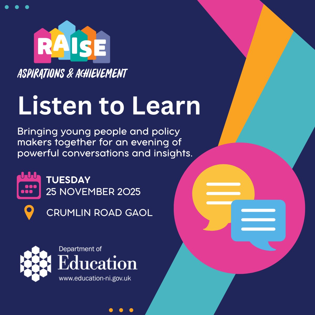 Education_NI's tweet image. Our RAISE team will be hosting children and young people from across Northern Ireland at a Listen to Learn event in Crumlin Road Gaol tomorrow. 🎉

Young voices will take centre stage as they share their views with policy makers on what matters most, including attendance, health…