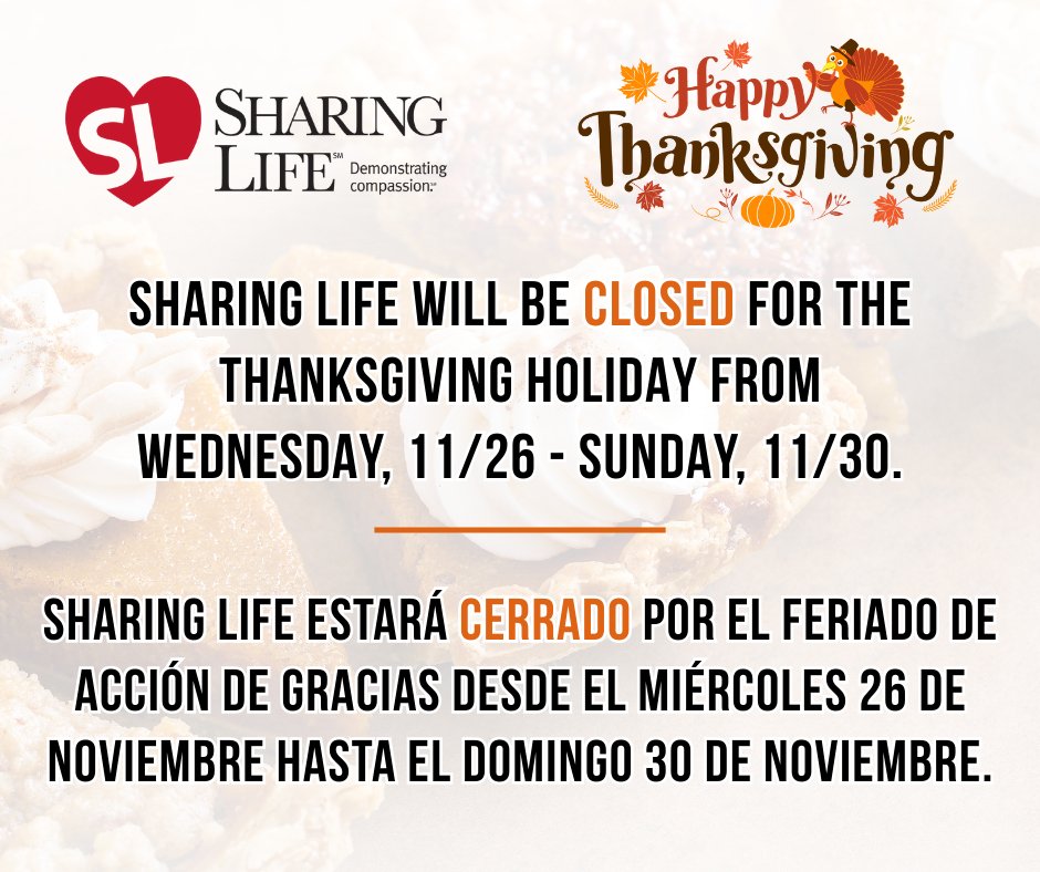 🚨 Sharing Life will be CLOSED for the thanksgiving holiday from Wednesday, 11/26 - Sunday, 11/30. We will return to normal operating hours on Monday, 12/1. #HappyThanksgiving 🦃