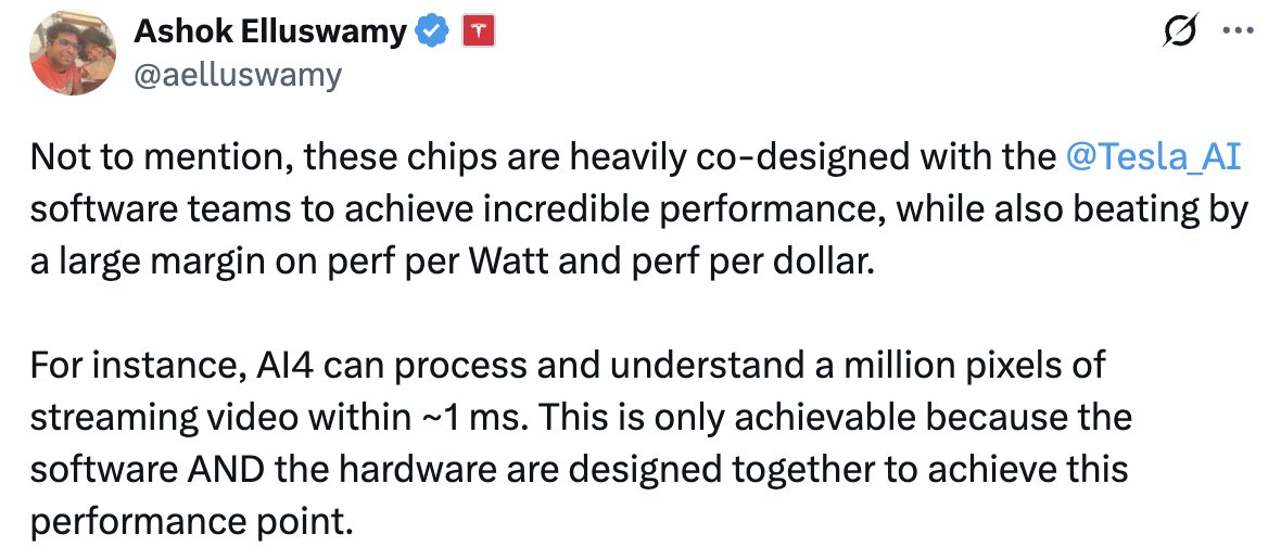 Ashok说Tesla AI4芯片可以在约1毫秒内处理和理解100万像素的流媒体视频。而人类的眼睛+大脑，最快也要40-100毫秒才能真正看到并开始反应。

这只是当前特斯拉的推理硬件水平，就可以在单帧处理速度上已经比人类视觉系统快了40-100倍。全世界都应该为Tesla FSD放行，得减少多少事故，挽救多少生命。