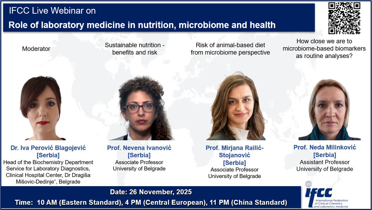 IFClinChem's tweet image. Next #IFCCLiveWebinar on: “Role of Laboratory Medicine in promoting sustainable nutrition and health”

Date: 26 November 2025

Certificate available 

Register here: workcast.com/?cpak=46691186…

#IDCCLiveWebinars #webinar #ifcc #ClinicalChemistry #ifclinchem #LaboratoryMedicine