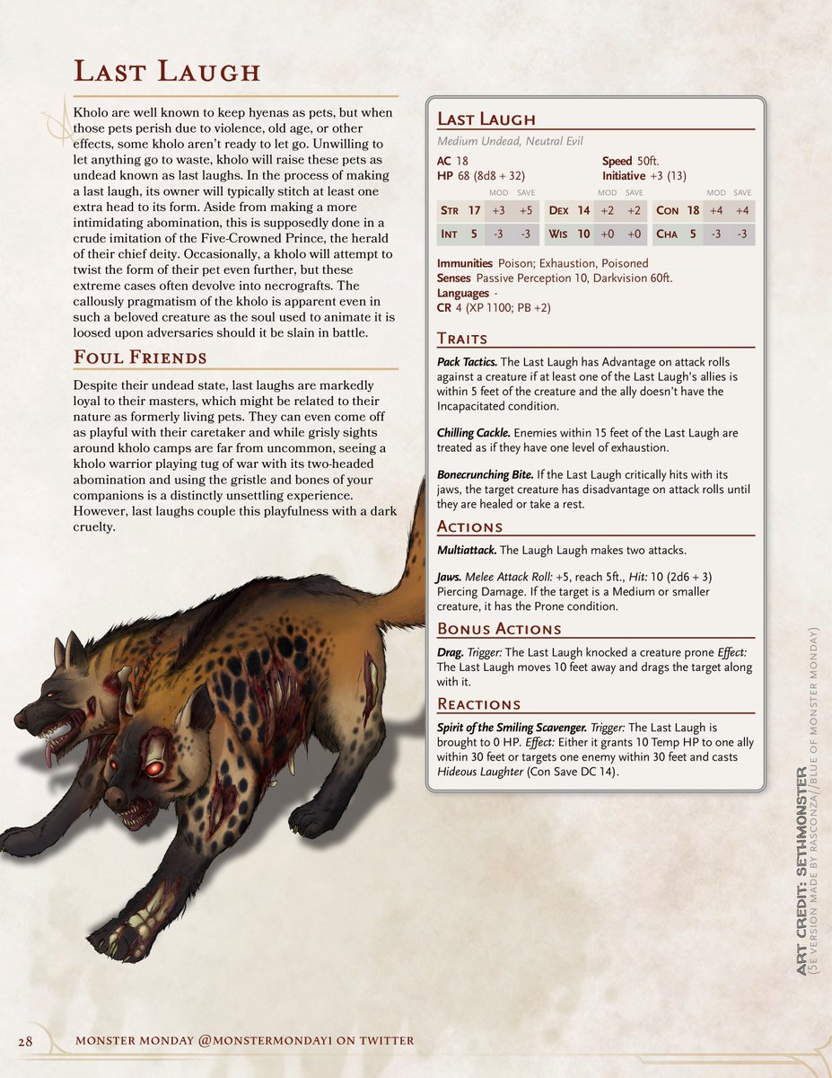This putrid polycephalic predator perpetrates precarious  pranks that are positively perilous prior to pulling prostrated prey to its pack to be pillaged and plundered of all personage...

We bring you a monster monday original... The Last Laugh!

Built for pathfinder2e and 5e!