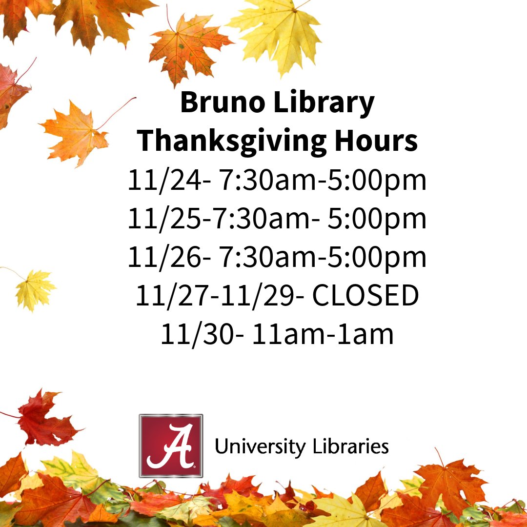 BrunoLibrary's tweet image. Reminder: Bruno Library will be operating this week on short hours due to Thanksgiving. 

If you need us, we are here to help! 

To view our full Hours of Operation visit:  lib.ua.edu/#/hours?librar…