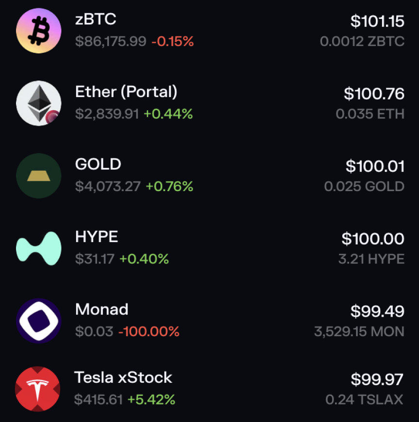 Solana portfolio showing various assets including MON
