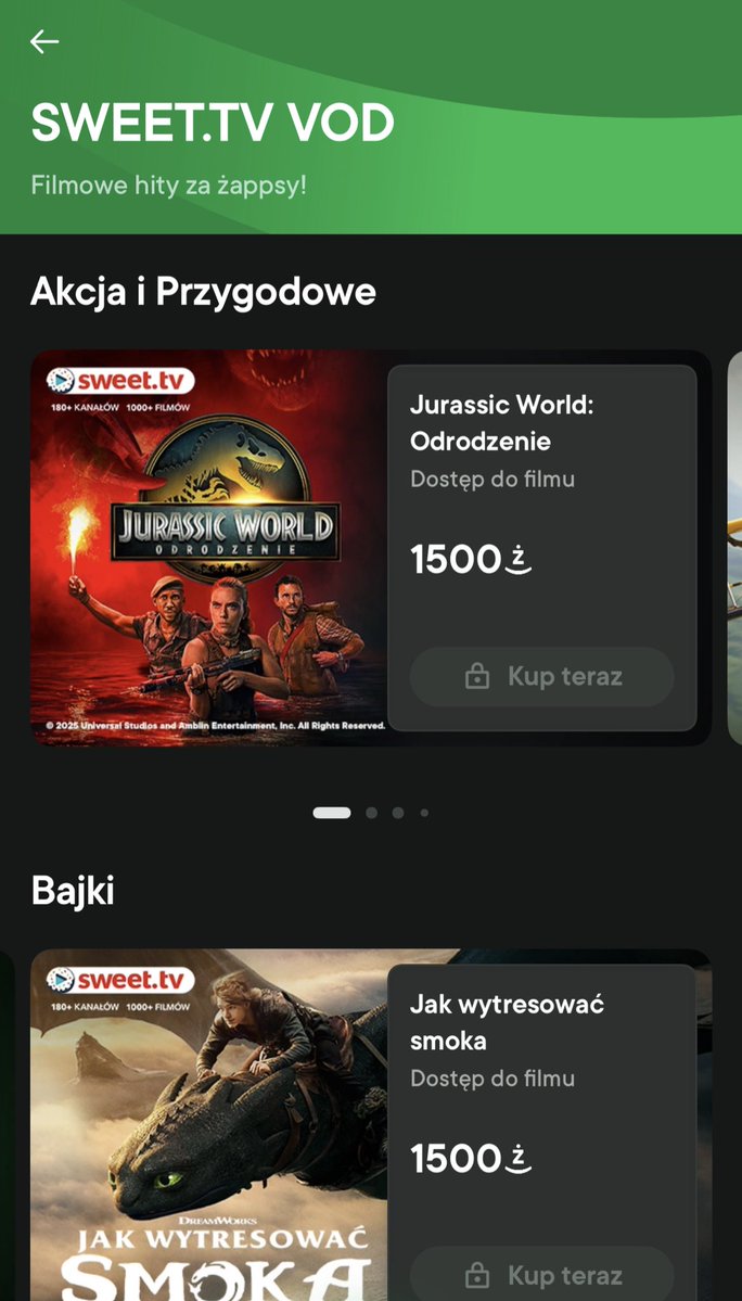 W aplikacji „Żabki” za punkty możecie wymieniać dostęp do premierowych w streamingu filmów na platformie sweet.tv.

Główna zakładka -&gt; Strefa partnerów -&gt; Filmy VOD. 

Super opcja, bierzcie i korzystajcie. 🔥