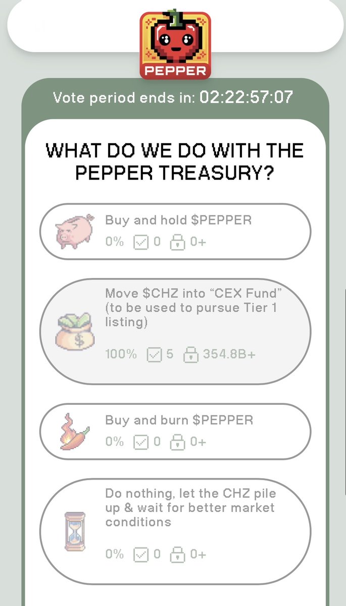 PepperChain's tweet image. BREAKING NEWS #PEPPERPEOPLE! 🚀

$PEPPER DAO just unlocked a brand-new governance option:
➡️ Creating a dedicated CEX Funds Pool for Tier-1 listings! 🔥

Your vote, your power, your future! 🫵

Let’s build the next chapter of $PEPPER together! 🌶️

🔗 peppercoin.com/pepper-inc