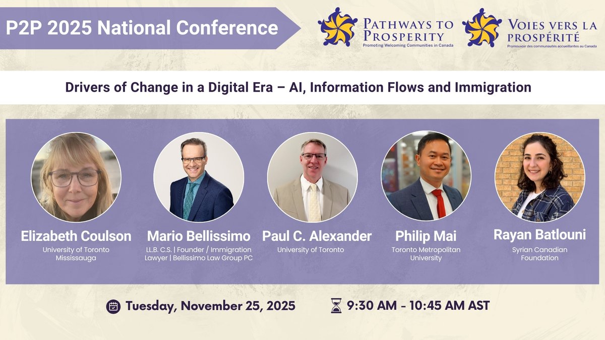 P2PConnects's tweet image. 🖥️ Plenary: Drivers of Change in a Digital Era – AI, Information Flows and Immigration
Chair: Louisa Taylor - Executive Director, Refugee 613

#P2PCONFERENCE #VVPCONFERENCE #DigitalEra #ImmigrationFuture #RefugeeSupport #FutureOfSettlement