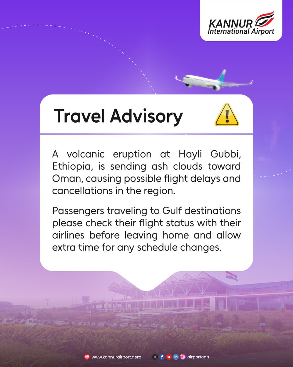 airportCNN's tweet image. A volcanic eruption at Hayli Gubbi, Ethiopia, is pushing ash clouds toward Oman, which may lead to flight delays and cancellations in the region.
Travelling to Gulf destinations? Please check your flight status with your airline before leaving home. 
#TravelAlert #FlightUpdate