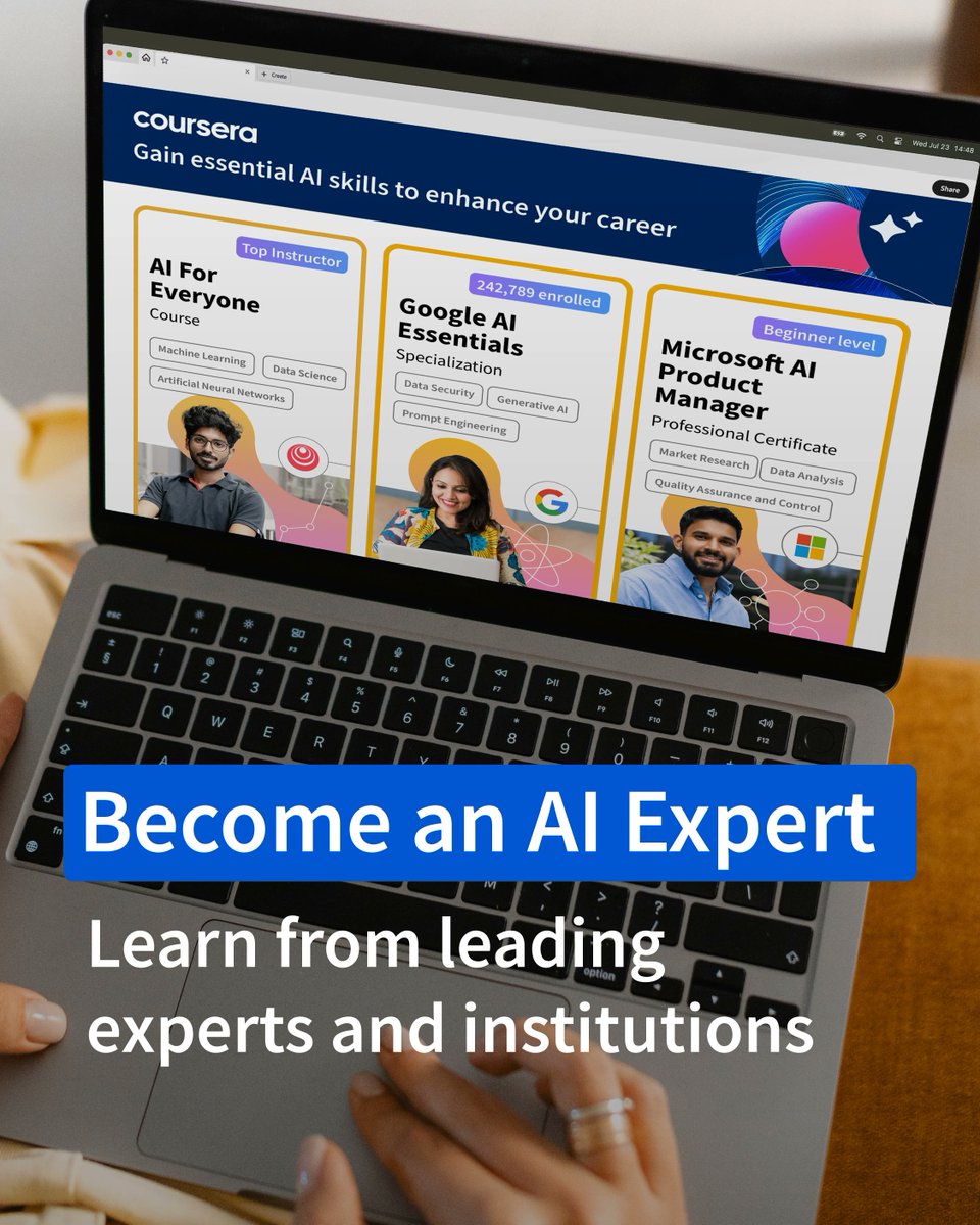 manishkumar_dev's tweet image. Don’t let AI replace your job. Let it upgrade your career. 🚀

AI hiring is exploding in 2025, and the biggest advantage today isn’t a degree. It’s hands-on skills that help you work with real AI tools.

@Coursera’s AI tracks are perfect for career changers, IT pros seeking…