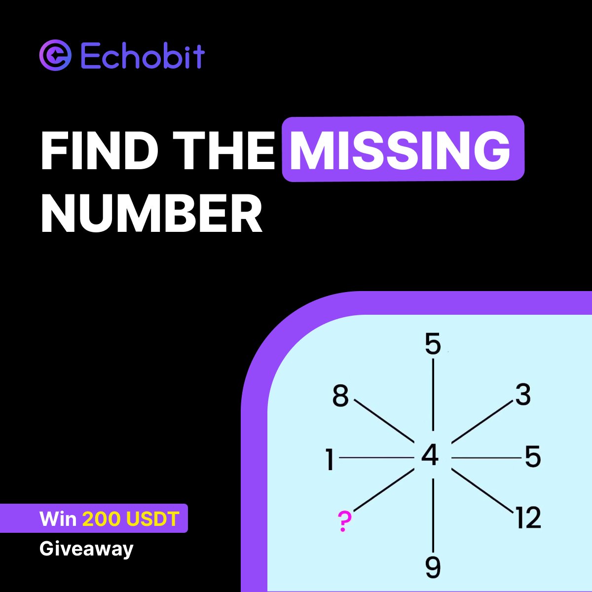 EchobitExchange's tweet image. 💡 Find the missing number and comment your answer to win 200 USDT in rewards!

Requirements:
🔹 Follow @EchobitExchange and join our tg 
🔹 Like + RT
🔹Comment your answer along with your UID below

🔹 Ends in 5 days
🔹 40 winners

#Echobit