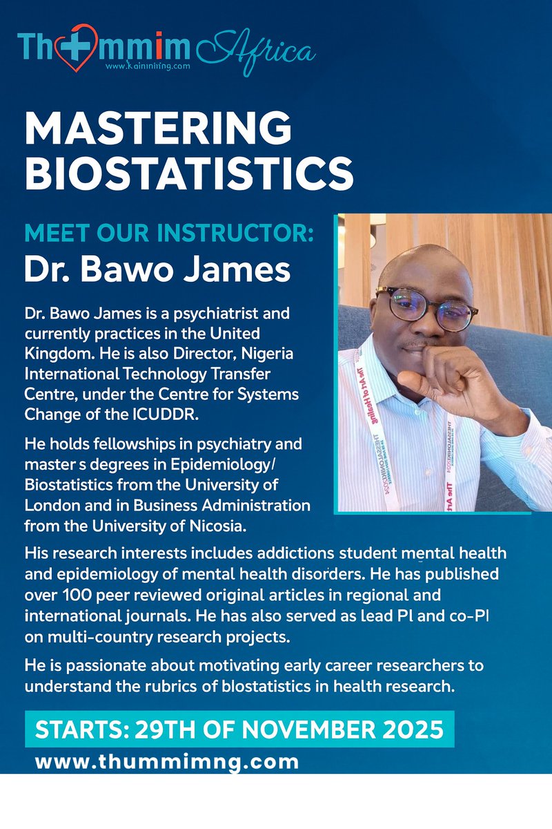 ThummimK's tweet image. 𝐁𝐮𝐢𝐥𝐝 𝐲𝐨𝐮𝐫 𝐜𝐨𝐧𝐟𝐢𝐝𝐞𝐧𝐜𝐞 𝐢𝐧 𝐁𝐢𝐨𝐬𝐭𝐚𝐭𝐢𝐬𝐭𝐢𝐜𝐬.
Thummim Africa’s 4-week training starts 29 Nov. Zoom | $50 (Ksh 6,400) | Certificate
𝐑𝐞𝐠𝐢𝐬𝐭𝐞𝐫: forms.gle/YYvC7cQCzqyFPk… 
𝐋𝐞𝐚𝐫𝐧 more: thummimng.com/mastering-bios…
Meet our instructor;
#Biostatistics