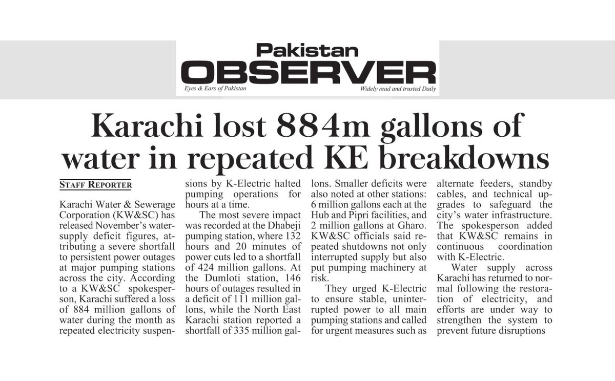 KWSCOfficial's tweet photo. Karachi lost 884m gallons of water in repeated KE breakdowns
#karachi #viralpost #statics #post #watercorporation #KWSC https://t.co/DtZVFBnSLS