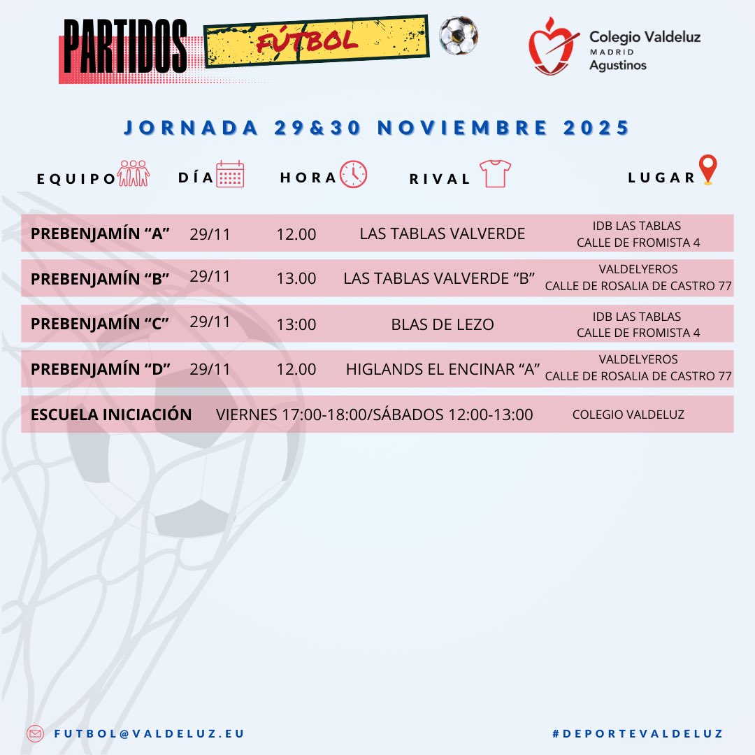 ⚽️⚽️ Partidos de #fútbol del 29 y el 30 de noviembre. 
<a href="/DeporteValdeluz/">Deportes Colegio Valdeluz</a>
