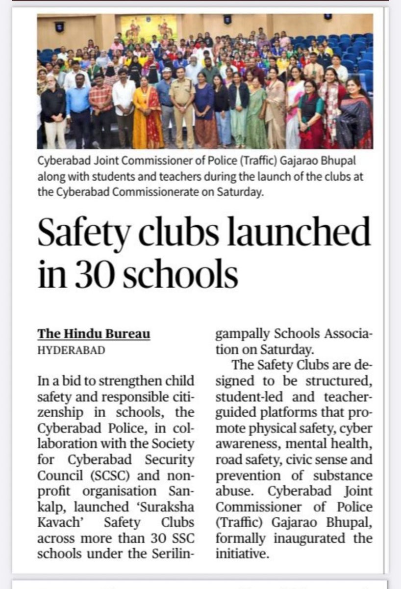 SCSC_Cyberabad's tweet image. 🚸 Suraksha Kavach Safety Clubs launched in 30+ SSC schools, Serilingampally!

SCSC &amp;amp; Cyberabad Police kick-started clubs to boost physical &amp;amp; cyber safety, mental well-being, and road safety.

A strong move toward safer, aware young communities. 🌟

#SCSC #SurakshaKavach