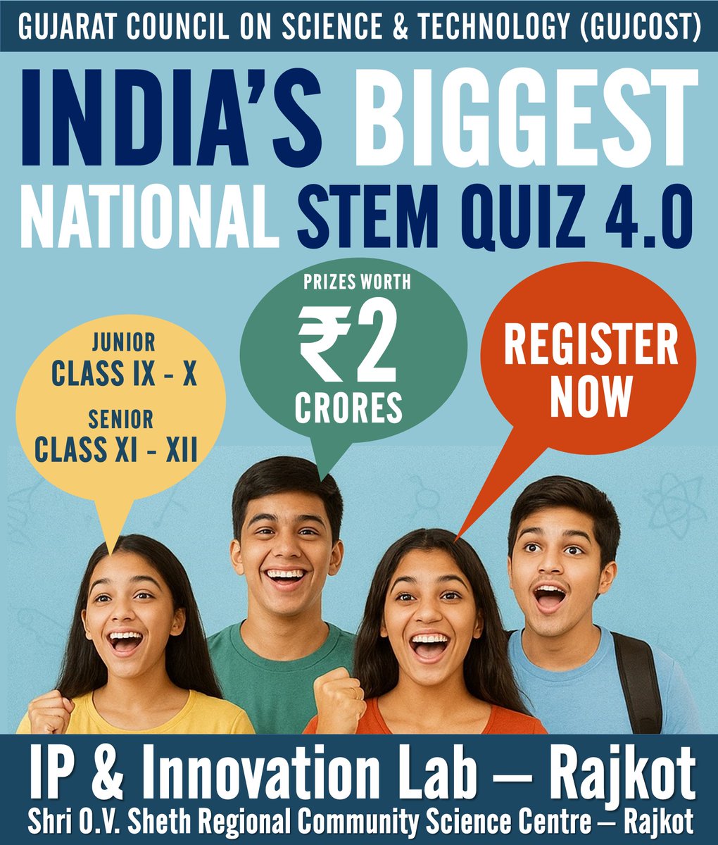 IPLab_Rajkot's tweet image. Students of Classes 9–12—your moment is here!

Join India&apos;s Biggest #NationalSTEMQuiz 4.0 by @InfoGujcost and test your #Science, #Technology, #Engineering &amp;amp; #Mathematics skills, and win prizes worth ₹2 Crores.

#RegisterNow and take your #Knowledge to the National Stage.