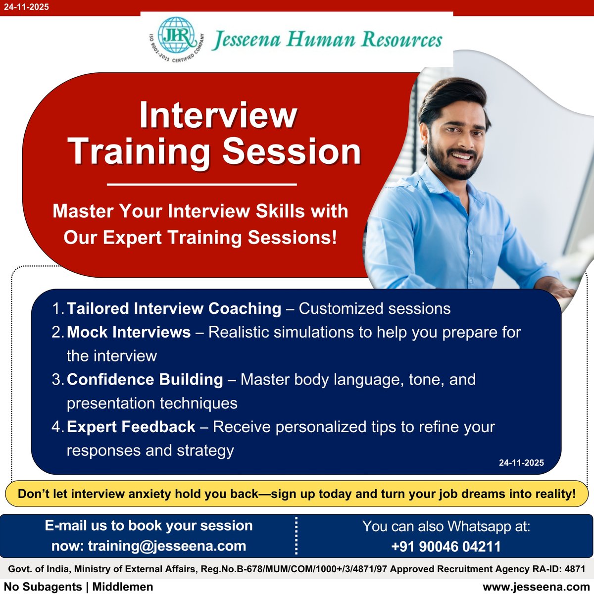 jesseenahr's tweet image. Interview Training Session

E-mail us to book your session now: 
training@jesseena.com

You can also Whatsapp at: 
+91 90046 04211

#InterviewTraining #InterviewPreparation #CareerCoaching #MockInterviews #JobInterviewTips #ConfidenceBuilding #SkillDevelopment