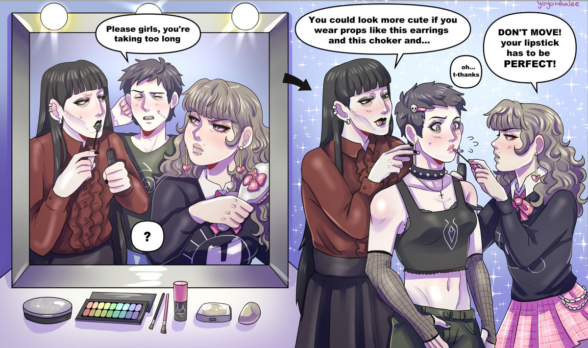 lesbians helps their gender fluid girlfriend to look more cute :3 🖤🩷💚✨