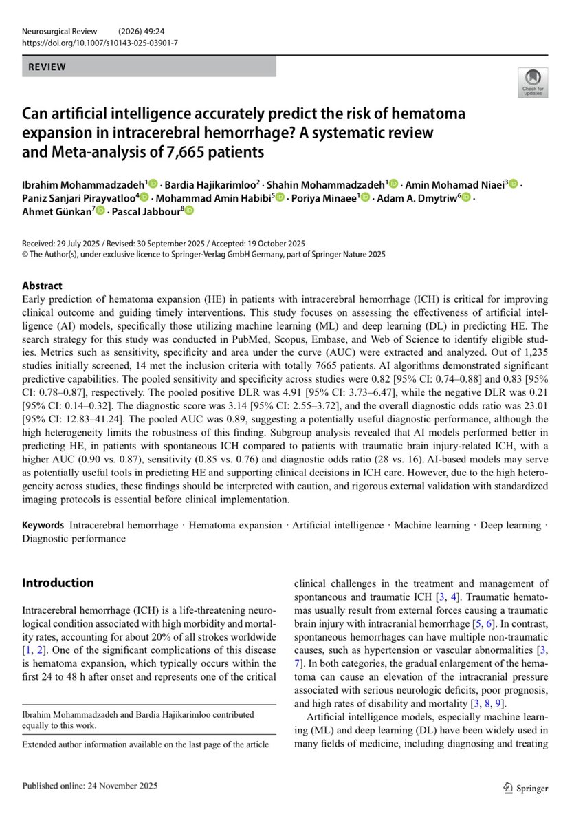 Excited to share that our paper on AI predicting hematoma expansion in ICH is officially published! 🎉 Huge thanks to <a href="/PascalJabbourMD/">Pascal Jabbour MD, FAANS, FACS, FAHA</a> , <a href="/doctorgunkan/">Ahmet Günkan, MD</a> and  Adam Dmytriw for their guidance, and to <a href="/Bardii47/">Bardia Hajikarimloo, M.D</a> ,<a href="/MAminHabibi78/">Mohammad Amin Habibi</a> &amp; the entire team for their hard work ,
#Neurosurgery