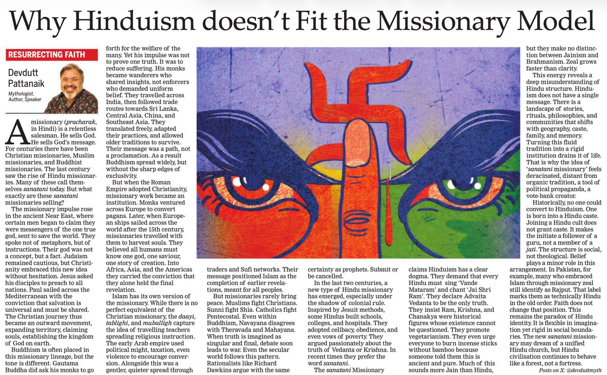 devduttmyth's tweet image. A missionary is a relentless salesman. He sells God. He sells God’s message. For centuries there have been Christian missionaries, Muslim missionaries, and Buddhist missionaries. The last century saw the rise of Hindu missionaries.

Read more...

newindianexpress.com/magazine/2025/…