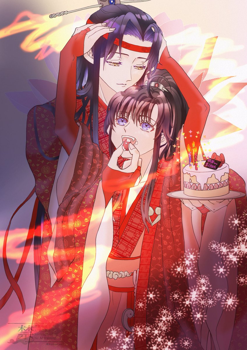 今年の魏嬰誕生日のイラストの別バージョンです。
炎を目立たせるために背景を暗めにしてたんですが、誕生日なのに暗い部分があるのはどうかな？と悩んで誕生日の時の仕上げになってました。
こっちもお気に入りなので、見てやってください🤗
 #mdzs #忘羨