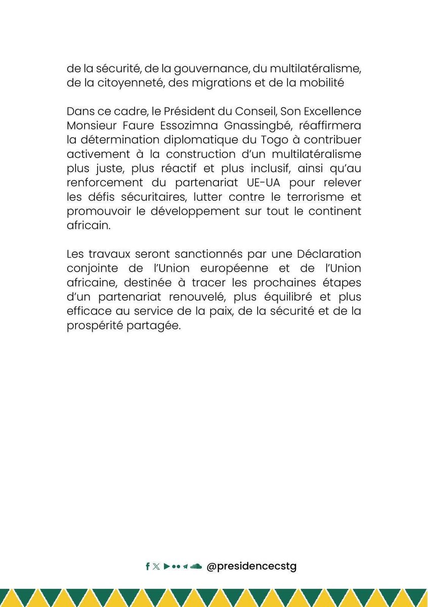 Le Président du Conseil, Son Excellence Monsieur <a href="/FEGnassingbe/">Faure Essozimna GNASSINGBÉ</a>, participe au septième sommet Union européenne (UE) - Union africaine (UA), qui s’ouvre ce 24 novembre 2025 à Luanda en Angola sous le thème « Promouvoir la paix et la prospérité grâce à un multilatéralisme effectif