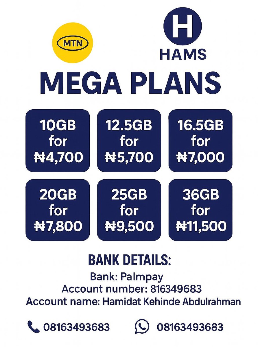 meedah2000's tweet image. 📢 MTN PREMIUM DATA PLANS-JUST FOR YOU! 🔥

Stay connected longer with these mega data bundles at unbeatable rates!

DM or wa.me/08163493683 to get started!

.
.
#stayconnected #hamstelecoms #megadata