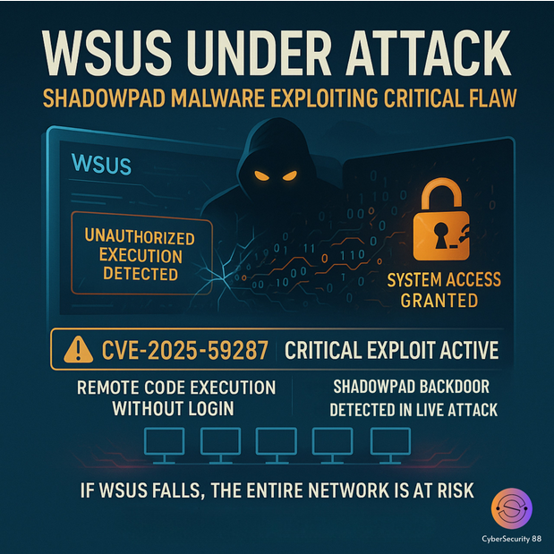 CSec88's tweet image. Critical WSUS Flaw Under Active Attack: ShadowPad Deployment Confirmed
A critical Windows update server just became an attacker’s favorite target.
ShadowPad is now entering networks through the “front door.”
#WindowsUpdate #CybersecurityNews 
Full Story 👉
cybersecurity88.com/news/shadowpad…
