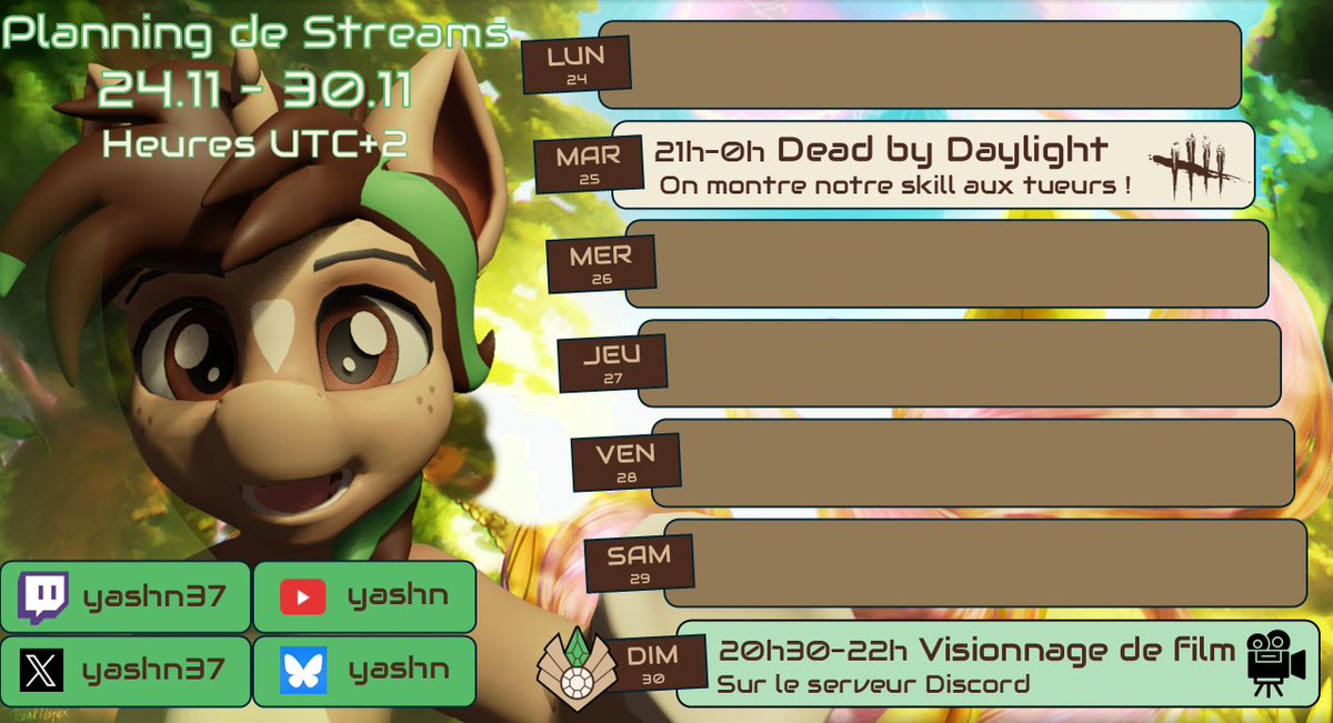 Planning de la semaine !

- Mardi 21h : Survie en groupe sur Dead by Daylight !
- Dimanche 20h30 : Diffusion de film (événement non streamé et propre au serveur Discord : discord.gg/guP6cRNNgu)