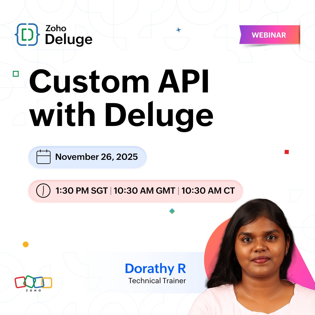 ZohoCreator's tweet image. Learn how to build and integrate custom API in Zoho apps using Deluge! Join our 45-min live session to explore API creation, secure authentication, and real-world use cases for smarter, tailored workflows.
Register below! 

APAC - zurl.co/x9N7W 
EMEA -…