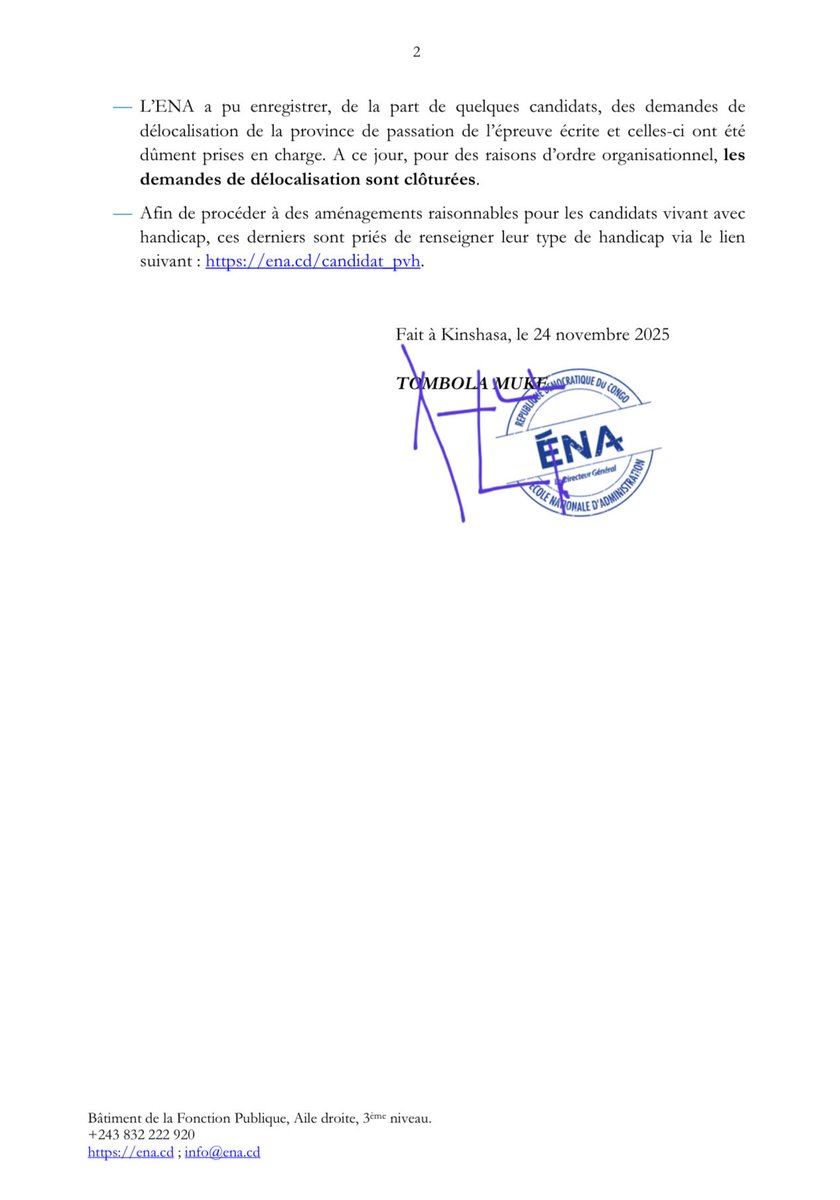 Dispositions pratiques à la meilleure attention des candidats admis à l’épreuve écrite du recrutement de la 10e promotion de l’ENA, prévue ce 30 novembre 
——————————————————

⏹️ Liste des centres d’examen : ena.cd/liste-des-cand…

⏹️ Formulaire de renseignement pour les