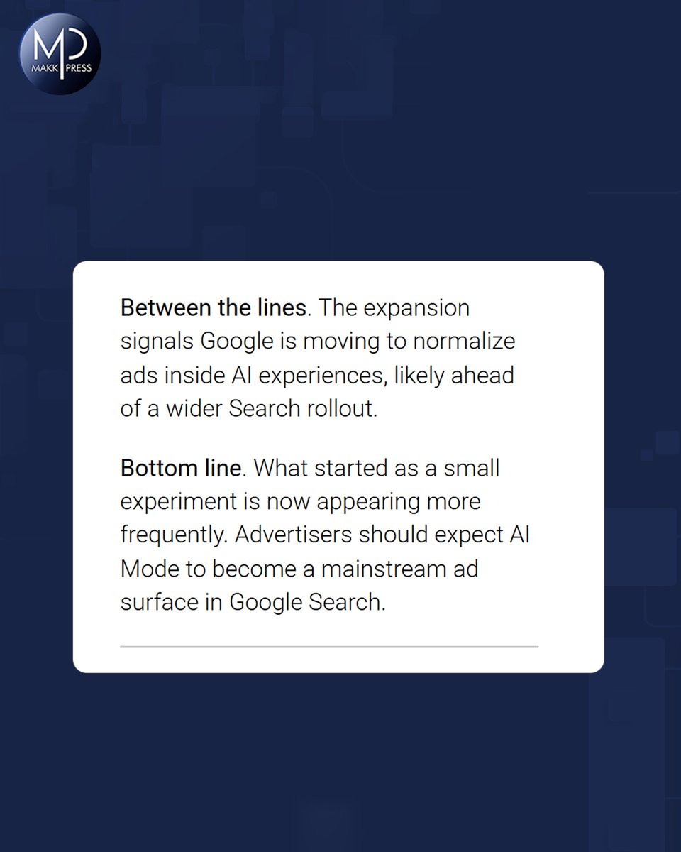 MakkpressTech's tweet image. 🚀 Google is stepping deeper into AI-driven search!

Ads are now appearing inside AI Mode, marking a big shift in how brands will reach users.

#GoogleAds #AIMode #DigitalMarketing #MarketingUpdates #SearchAds #PaidMedia #AdTech #Makkpress #MarketingTrends