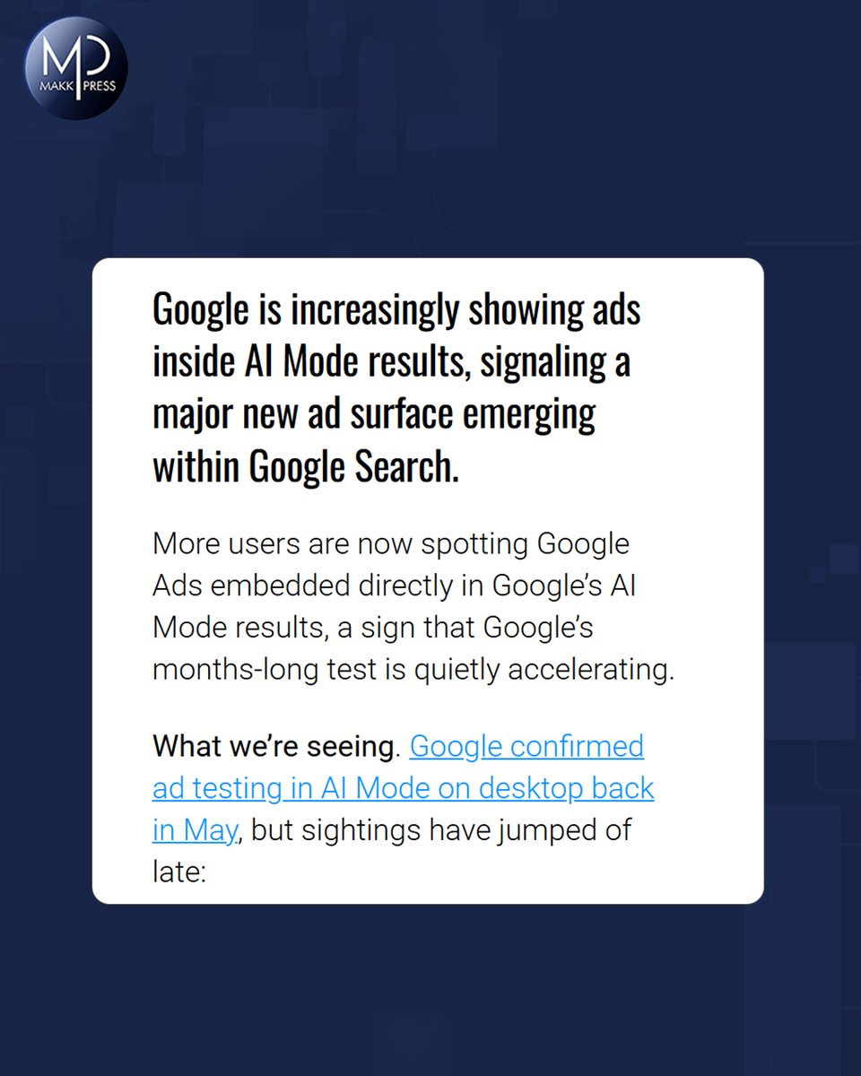 MakkpressTech's tweet image. 🚀 Google is stepping deeper into AI-driven search!

Ads are now appearing inside AI Mode, marking a big shift in how brands will reach users.

#GoogleAds #AIMode #DigitalMarketing #MarketingUpdates #SearchAds #PaidMedia #AdTech #Makkpress #MarketingTrends