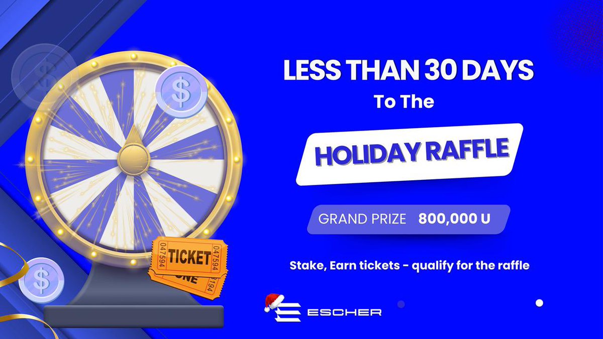 Less than 30 days to the <a href="/escher_fi/">Escher.Finance</a> raffle.

Hold eBaby or eU worth 100 USD, earn tickets, and join the Escher Holiday Lucky Draw 🎟️.

You get a chance to win a share of 800000 Union tokens. 

Stay active and grow your ticket count📈.