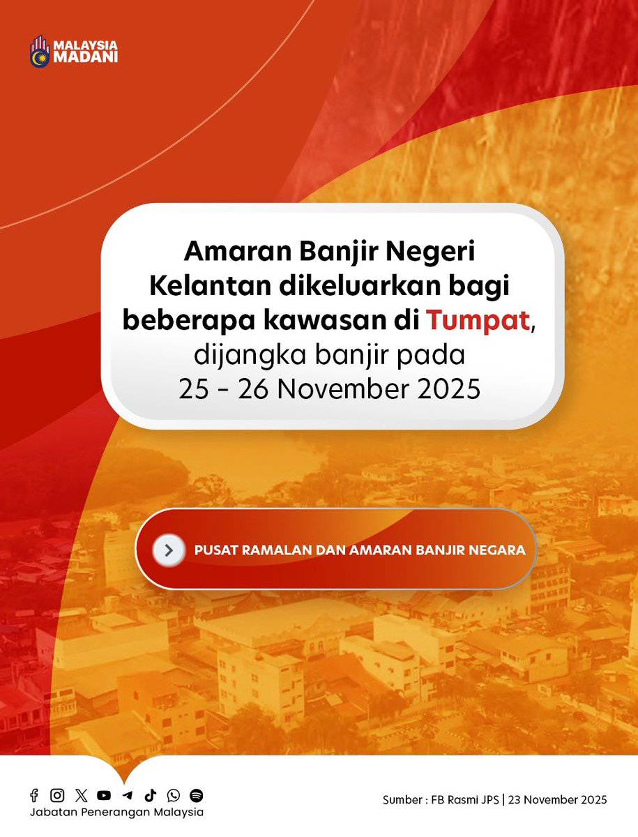 🚨🌧️ Penduduk di kawasan berisiko diminta berwaspada, pantau maklumat rasmi dan siap siaga menghadapi sebarang kemungkinan.

Stay safe, Kelantan. 🛡️📢

#RancakkanMADANI
#MADANIBekerja
#TaatSetia
#JabatanPenerangan