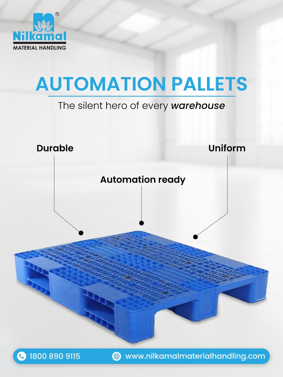 NilkamalMHD's tweet image. Meet the silent hero of every warehouse.

Engineered to sync effortlessly with automation, robotics, AGVs &amp;amp; conveyors,these pallets keep your operations smooth and future-ready.

Available in 1200×1000 mm and 1200×1200 mm footprints.
📞 1800 890 9115
nilkamalmaterialhandling.com