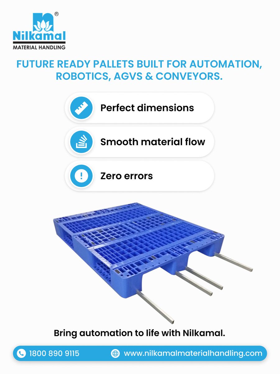 NilkamalMHD's tweet image. Meet the silent hero of every warehouse.

Engineered to sync effortlessly with automation, robotics, AGVs &amp;amp; conveyors,these pallets keep your operations smooth and future-ready.

Available in 1200×1000 mm and 1200×1200 mm footprints.
📞 1800 890 9115
nilkamalmaterialhandling.com