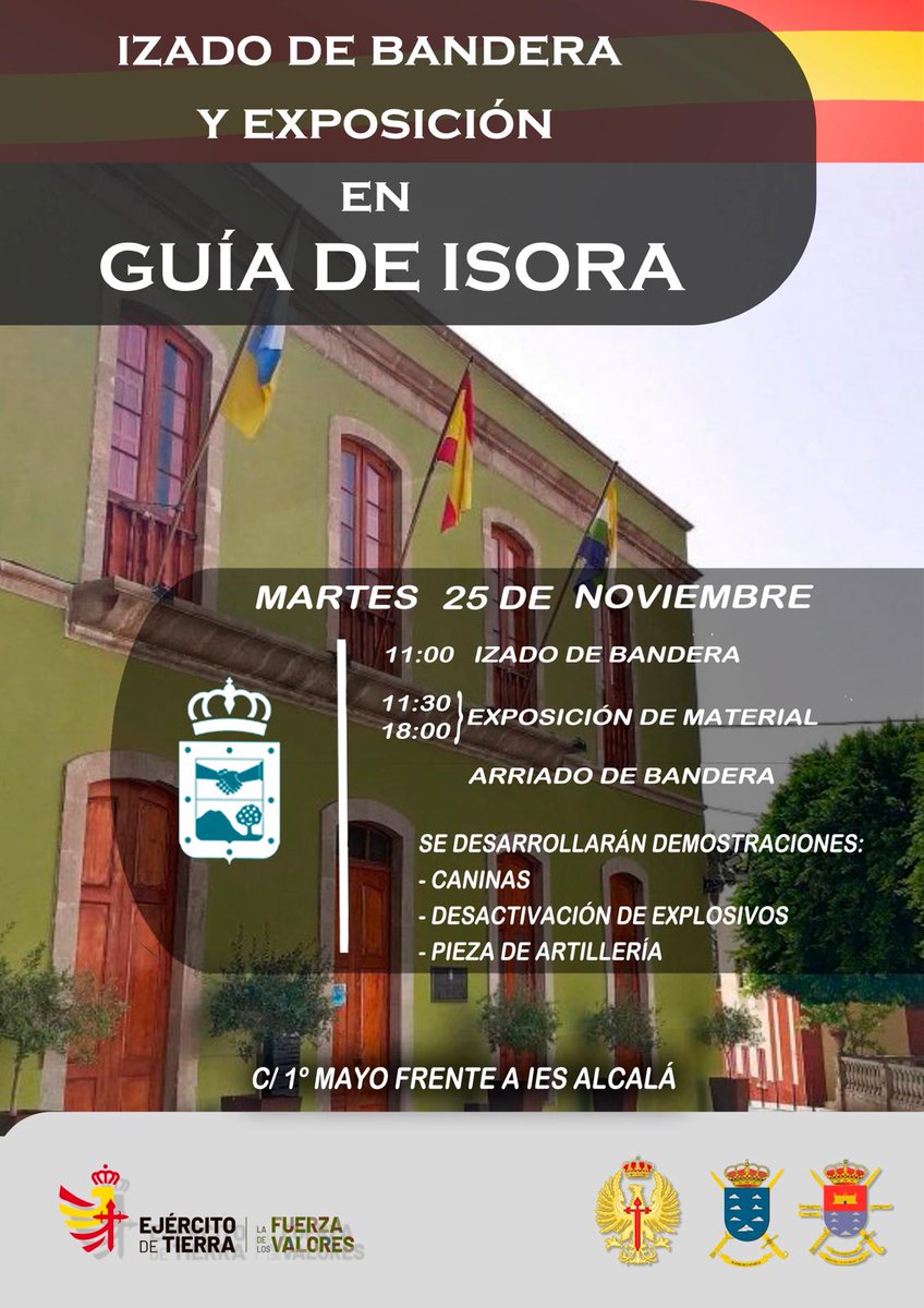 MCANA_ET's tweet photo. Mañana en la localidad de #GuiadeIsora #Tenerife tendremos un Solemne Izado de Bandera🇪🇦 que será organizado por el Batallón de Zapadores XVI #BRICANXVI . Además tendremos una exposición de materiales y demostraciones caninas, y más.
¡Te esperamos!
#SomostuEjército
@MCANA_ET https://t.co/KedtAnL7g2