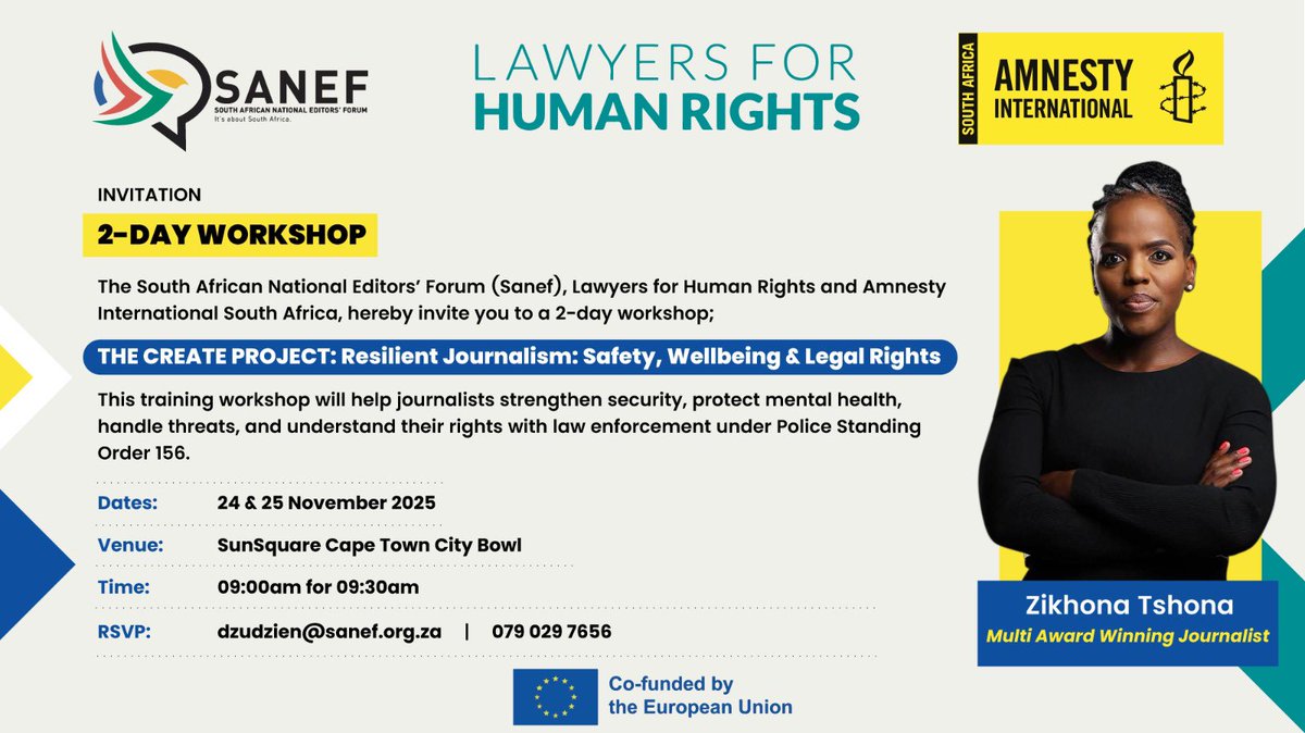 LHR_SA's tweet image. 📣 #CreateProject in Cape Town📍

We are underway in Cape Town with SANEF, LHR and AISA hosting a two day workshop on safety wellbeing and legal rights in the newsroom.

Journalists are engaging on the pressures facing media today and the need for resilience and accountability!