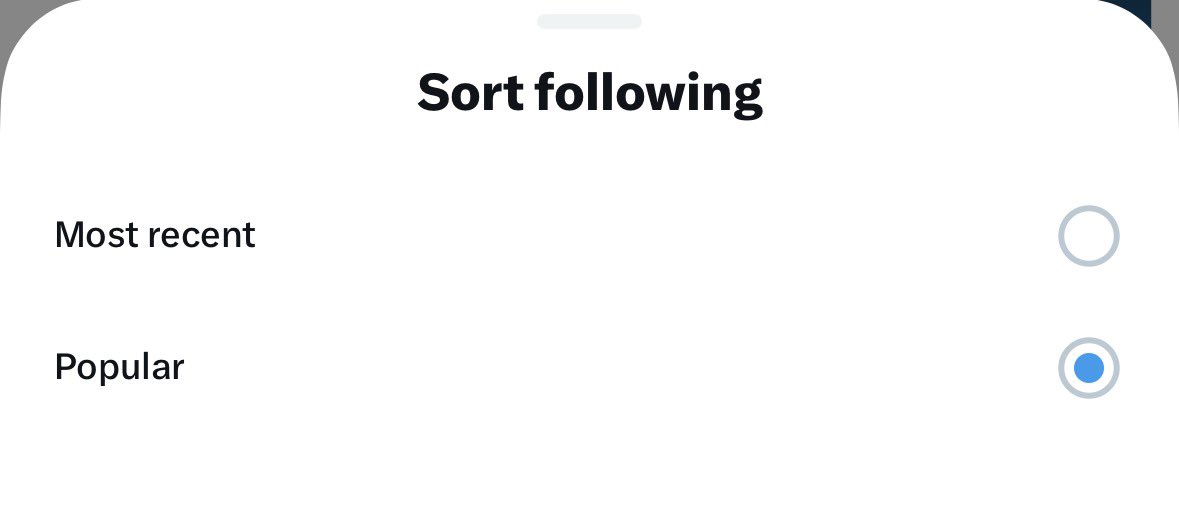 اخيرا وصلت ميزة رائعة لمنصة @x

تقدر ترتب محتوى اللي تتابعهم بالطريقتين:
- حسب الأحدث (الطريقة السابقة)
- حسب الأشهر

الحين تقدر تتابع الاشياء المهمة من الحسابات اللي تتابعهم وتتجنب المحتوى اللي يبحث اثارة الجدل