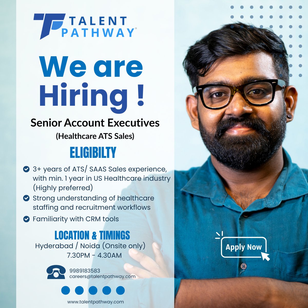TalentPathwayUS's tweet image. 📢 𝐇𝐢𝐫𝐢𝐧𝐠, 𝐒𝐞𝐧𝐢𝐨𝐫 𝐀𝐜𝐜𝐨𝐮𝐧𝐭 𝐄𝐱𝐞𝐜𝐮𝐭𝐢𝐯𝐞𝐬!
Got $3+$ years in ATS/SAAS Sales and experience in the US Healthcare industry? Your next career move is waiting! Call us at 9989183583 or email 𝐜𝐚𝐫𝐞𝐞𝐫𝐬@𝐭𝐚𝐥𝐞𝐧𝐭𝐩𝐚𝐭𝐡𝐰𝐚𝐲.𝐜𝐨𝐦.