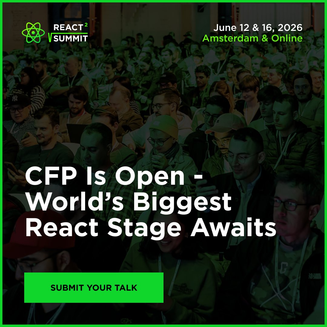 ReactSummit's tweet image. 🔥 Want to speak at the world’s biggest React conference?

Share your work, your ideas, and your experience with thousands of developers worldwide.

🌍 Amsterdam + Online
🗓️ June 12 &amp;amp; 16, 2026
🚀 Apply to speak: lnkd.in/eVvra6NY