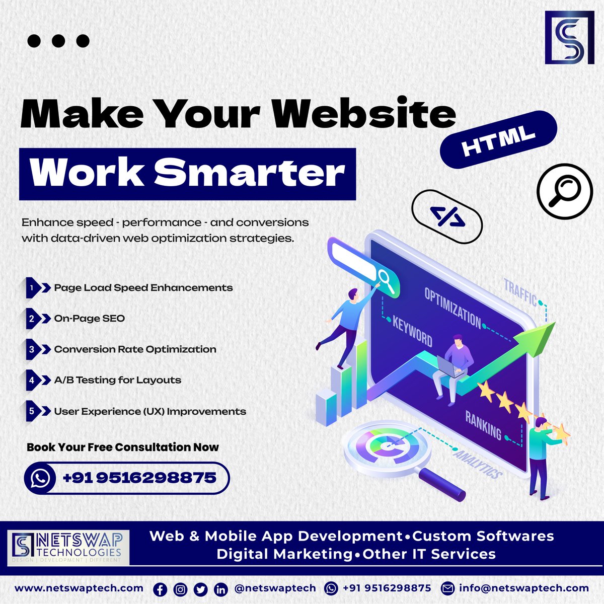 netswaptech's tweet image. Boost speed, SEO &amp;amp; conversions with data-driven web optimization.  
DM for a website audit.  
#WebOptimization #CRO #SEO #NetSwapTechnologies