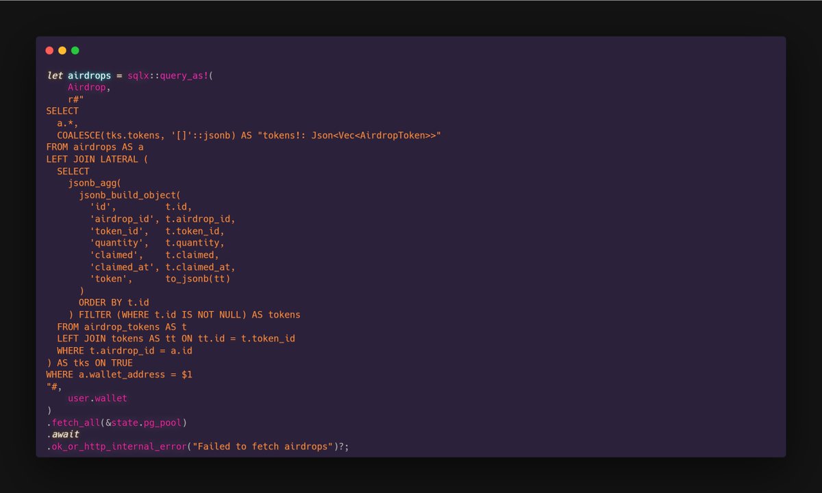 etodanik's tweet image. sqlx is a mental illness pretending to be code. It makes everyone want to have &quot;compile time query correctness&quot; for SQL (which sounds good in theory, but trust me, is not worth any of the tradeoffs). I seriously miss PHP sometimes when having to read rust backend code.
