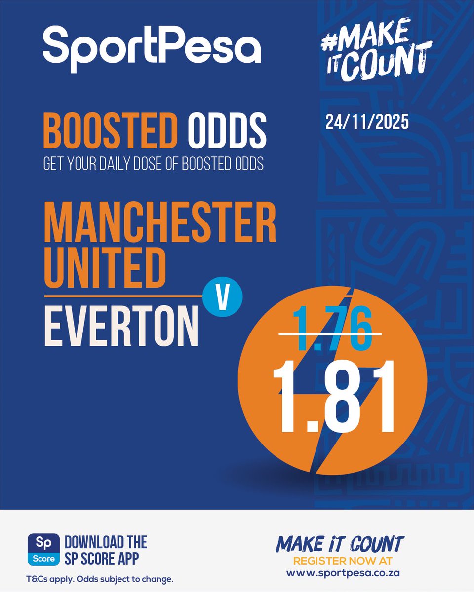 SportPesaSA's tweet image. DAILY BOOSTED ODDS🚀

Make the boosted odds for tonight's fixture count by placing your bets today! 🔥

Download the SP Score App or visit sportpesa.co.za for more! 📲

#SportPesaSA #MakeItCount #Boosted