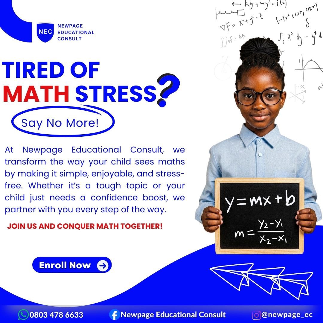heed1's tweet image. Maths made easy with Newpage Educational Consult. Our expert tutors are here to help you conquer maths stress and achieve your goals.