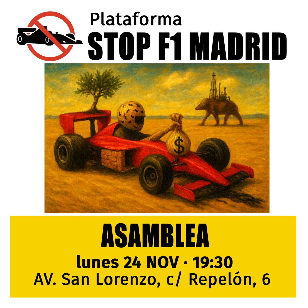 Contra el disparate de construir un circuito de Fórmula 1 frente a nuestros hogares no hay tiempo que perder

📍 La plataforma Stop F1 Madrid se reúne este lunes 24 de noviembre a las 19.30 horas en nuestro local de la calle Repelón

Nuestros barrios no son un circuito ‼️