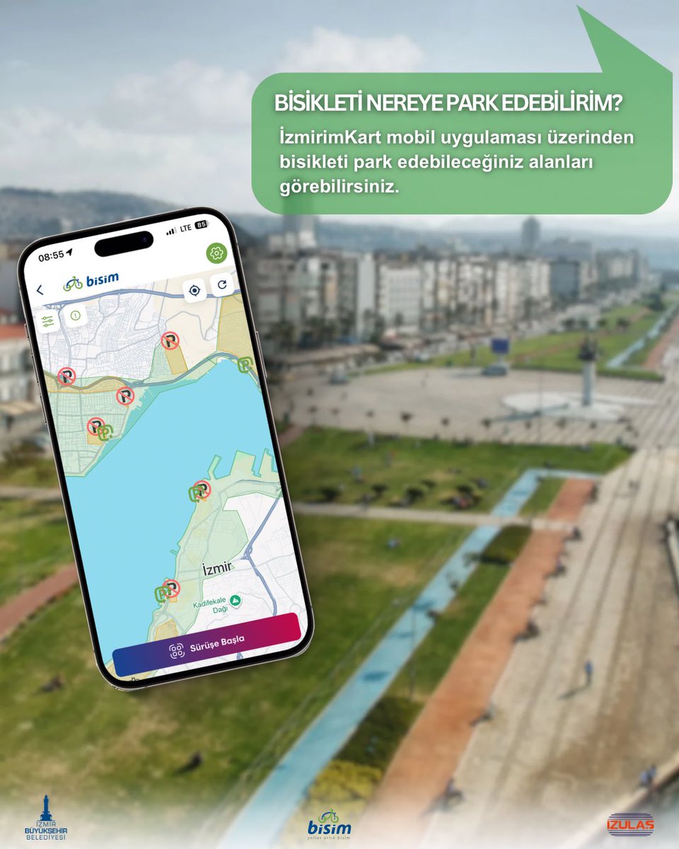 İzmirimKart mobil uygulaması üzerindeki haritada ‘Park Alanı’ ve ‘Park Edilemez Alan’ bölgeleri açıkça gösterilmektedir. Sürüşünüzü tamamladıktan sonra uygun park alanına bisikletinizi bırakabilirsiniz. 

Bisim hakkında detaylı bilgiye bisim.com.tr/adresinden ulaşabilirsiniz.